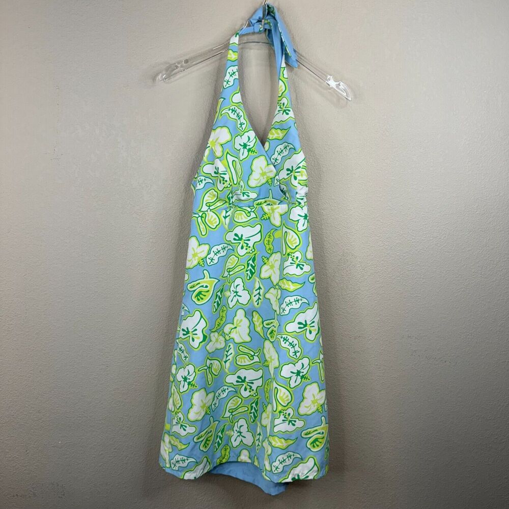 Women Hibiscus Hawaiian Halter Neck Wrap Dress Green Blue Y2K M Vacation 90s